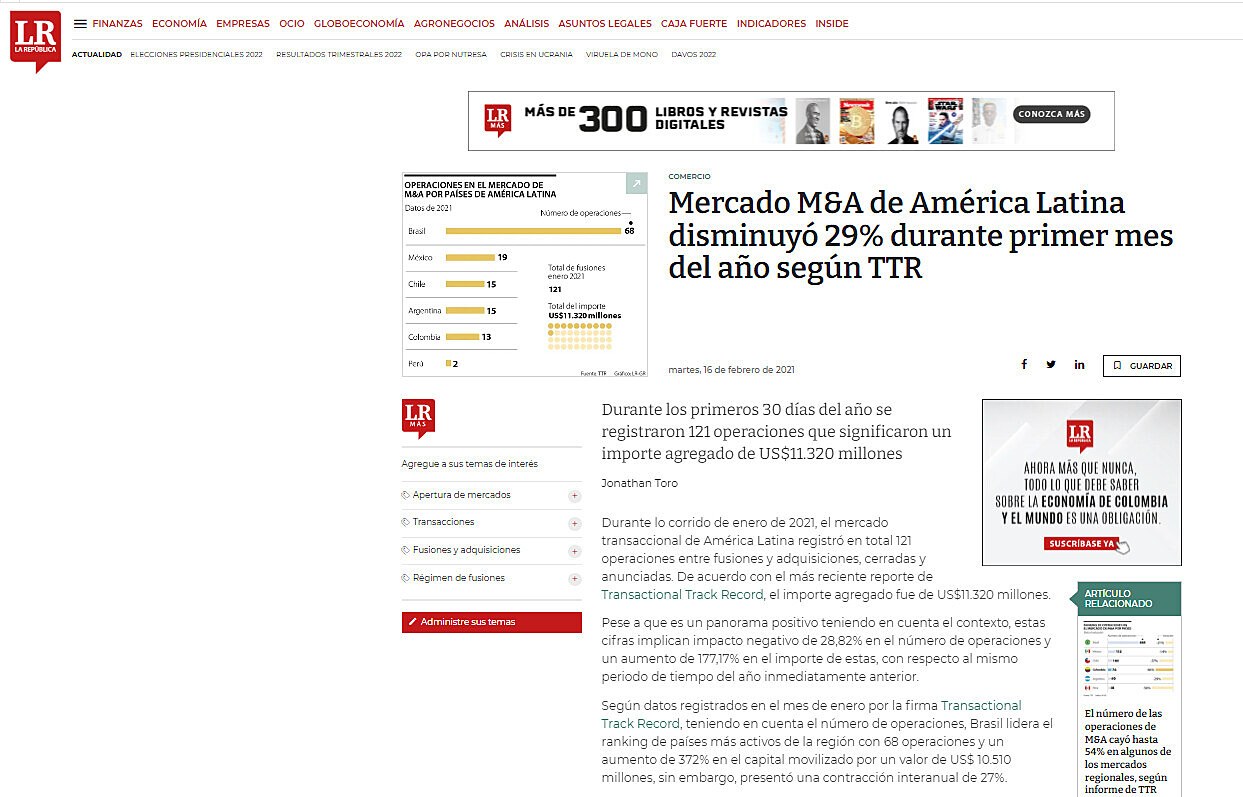 Mercado M&A de Amrica Latina disminuy 29% durante primer mes del ao segn TTR